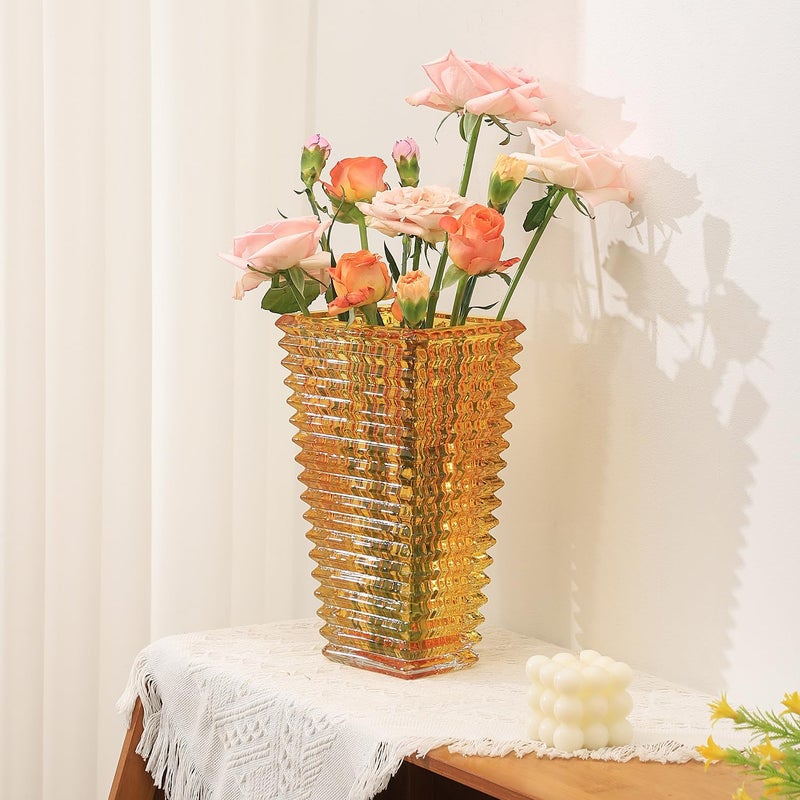 mcmcncuiu وعاء زجاجي بلون العنبر من ، بطول 11 بوصة، وعاء زجاجي متين، مناسب للديكورات المركزية، وعاء للزهور، وعاء عصري لغرفة المعيشة، غرفة النوم، طاولة الطعام، أعياد الميلاد، الأعراس. - Image 2