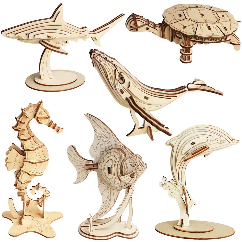 i-CHONY 3D Wooden Sea Animal Puzzle - 6 Piece Set Wood Sea Animals Skeleton Assembly Model Kits - Wooden Crafts DIY Brain Teaser Puzzle - STEM Toys Gifts for Kids and Adults Teens Boys Girls - Image 1