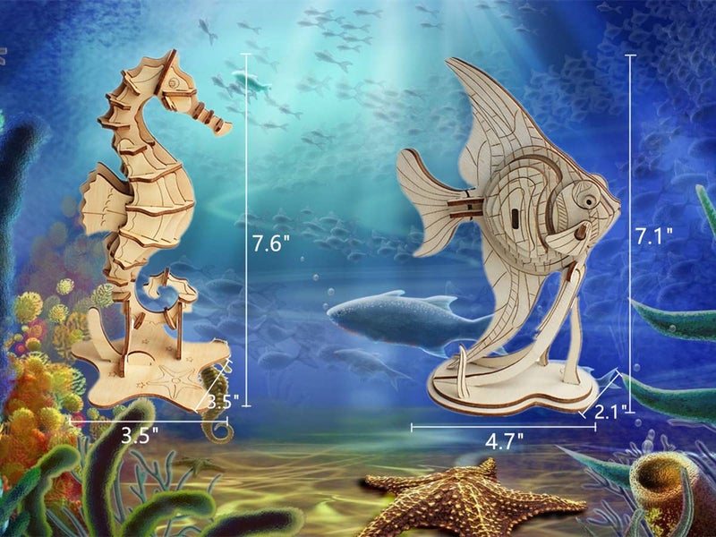 i-CHONY 3D Wooden Sea Animal Puzzle - 6 Piece Set Wood Sea Animals Skeleton Assembly Model Kits - Wooden Crafts DIY Brain Teaser Puzzle - STEM Toys Gifts for Kids and Adults Teens Boys Girls - Image 2