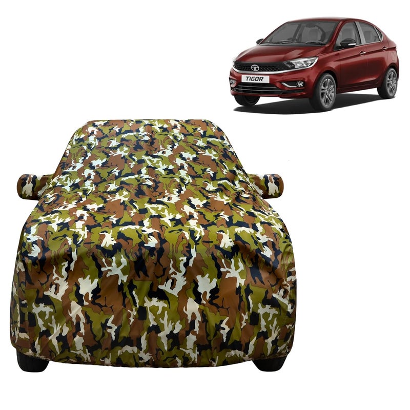VYAS 100% Waterproof Car Body Cover for Tata Tigor (2017-2025) with Mirror Pocket Triple Stitched Belt & Buckle Fitting Dual Elastic, Durable Material Jungle Print Camouflage Design - Image 1