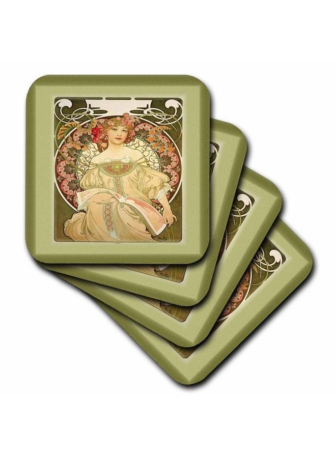 3DROSE Cst_98596_1 Muchas Art Nouveau Painting Of Pretty Lady With Flowers Around Hersoft Coasters Set Of 4 - Image 5