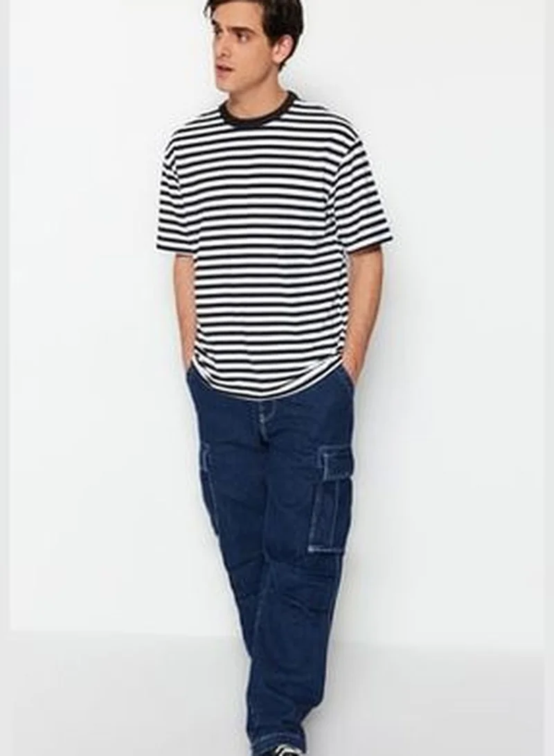 trendyol Black Men's Relaxed/Comfortable fit, Crew Neck Short Sleeve Striped T-Shirt.
