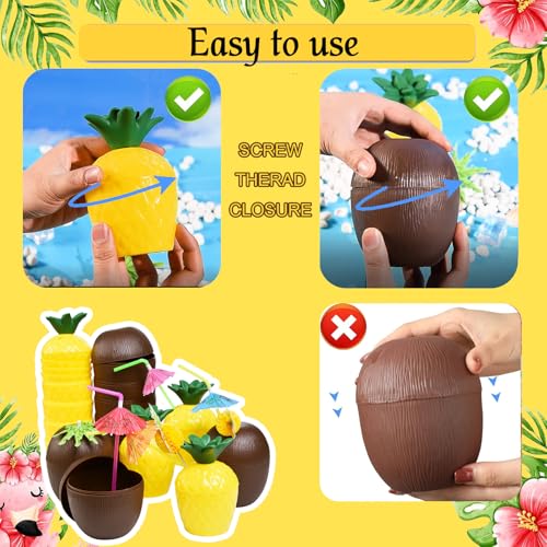 Haundry 18 Coconut Pineapple Cups with 18 Straws, 18 Cocktail Drink Picks, Hawaiian Luau Tiki and Beach Theme Party Decorations for Kids and Adults - Image 4
