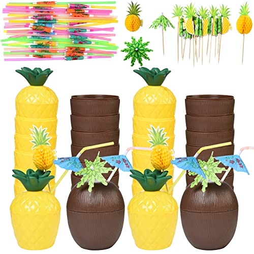 Haundry 18 Coconut Pineapple Cups with 18 Straws, 18 Cocktail Drink Picks, Hawaiian Luau Tiki and Beach Theme Party Decorations for Kids and Adults - Image 1