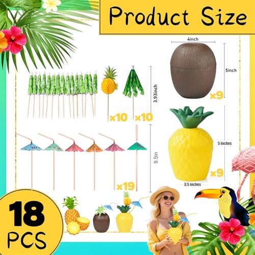 Haundry 18 Coconut Pineapple Cups with 18 Straws, 18 Cocktail Drink Picks, Hawaiian Luau Tiki and Beach Theme Party Decorations for Kids and Adults - Image 2