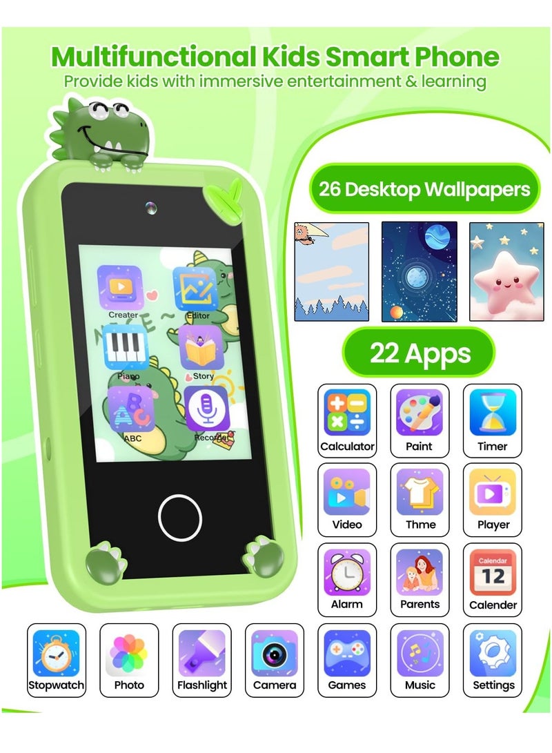 Kids Smart Phone for Boys with 32G Card & Holographic Pyramid,  for Age 3-10 Kids Toys Cell Phone, 2.8" Touchscreen Toddler Learning Toy, Dual Lens, Music Player, Arabic language support(Green) - Image 2