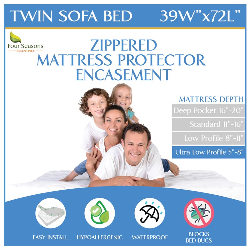 Four Seasons Essentials Sleeper Sofa Twin Size Mattress Protector 39 Wx72 Lx5 D  Waterproof Zippered Encasement Premium Quality Bed Cover Protects Against Dust Allergies White 