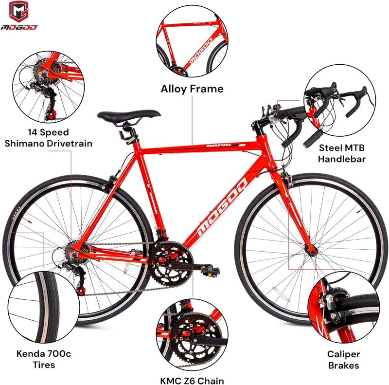 MOGOO Rapid 700C Road Bike | 14 Speed Shimano Drivetrain | Lightweight Aluminum Alloy FrameKenda Tires | Caliper Brakes | Red Color - Image 3
