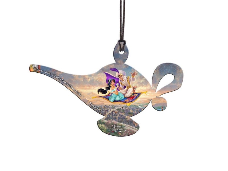 Trend Setters Disney - Aladdin and Princess Jasmine's Magic Carpet Ride - Thomas Kinkade - 4.5"" x 2.75"" Lamp Shaped Hanging Acrylic Accessory | Arrives in Velveteen Gift Bag - Ideal for Gifting and Collecting - Image 1