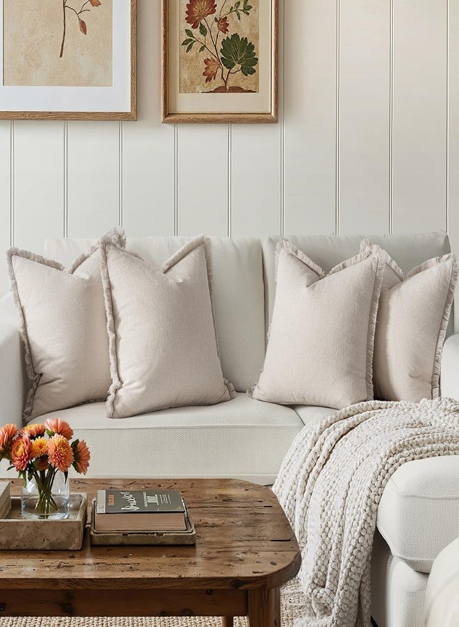 MIULEE Decorative Couch Pillow Covers Neutral Beige Linen Fringe Throw Pillows Set of 4 Boho Farmhouse Cushion Covers Soft Accent Pillowcases for Bed Couch Sofa Living Room Home Decor 18x18 Inch - Image 3