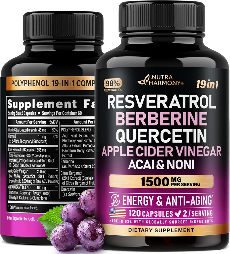 NUTRAHARMONY Resveratrol Supplement  19in1 Organic Polyphenol Complex  Noni Extract  Berberine  Quercetin  Apple Cider Vinegar  Acai  Made in USA  Antioxidant  Heart Health Support  120 Capsules - Image 1