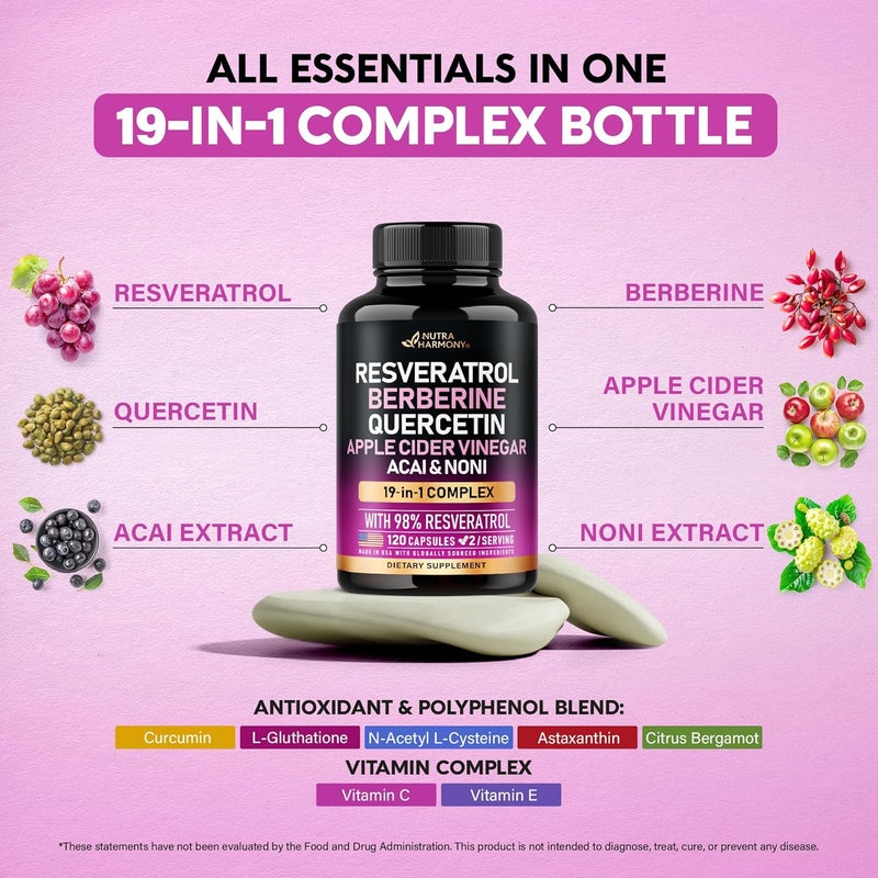 NUTRAHARMONY Resveratrol Supplement  19in1 Organic Polyphenol Complex  Noni Extract  Berberine  Quercetin  Apple Cider Vinegar  Acai  Made in USA  Antioxidant  Heart Health Support  120 Capsules - Image 5