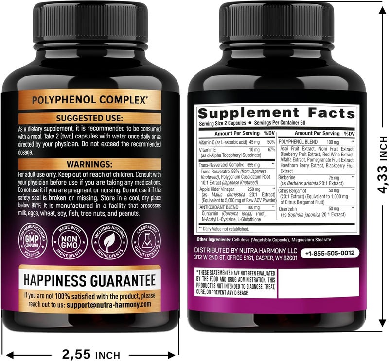 NUTRAHARMONY Resveratrol Supplement  19in1 Organic Polyphenol Complex  Noni Extract  Berberine  Quercetin  Apple Cider Vinegar  Acai  Made in USA  Antioxidant  Heart Health Support  120 Capsules - Image 2