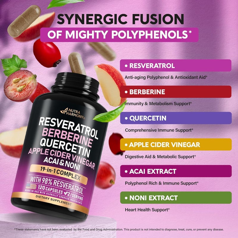 NUTRAHARMONY Resveratrol Supplement  19in1 Organic Polyphenol Complex  Noni Extract  Berberine  Quercetin  Apple Cider Vinegar  Acai  Made in USA  Antioxidant  Heart Health Support  120 Capsules - Image 4