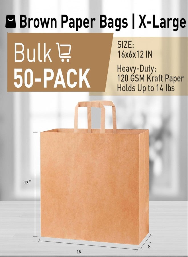 SUNCOLOR Brown Reusable Paper Bags with Handles - 50 Pack - 16x6x12 Inches - Large Shopping & Gift Bags - Kraft Construction - Image 2