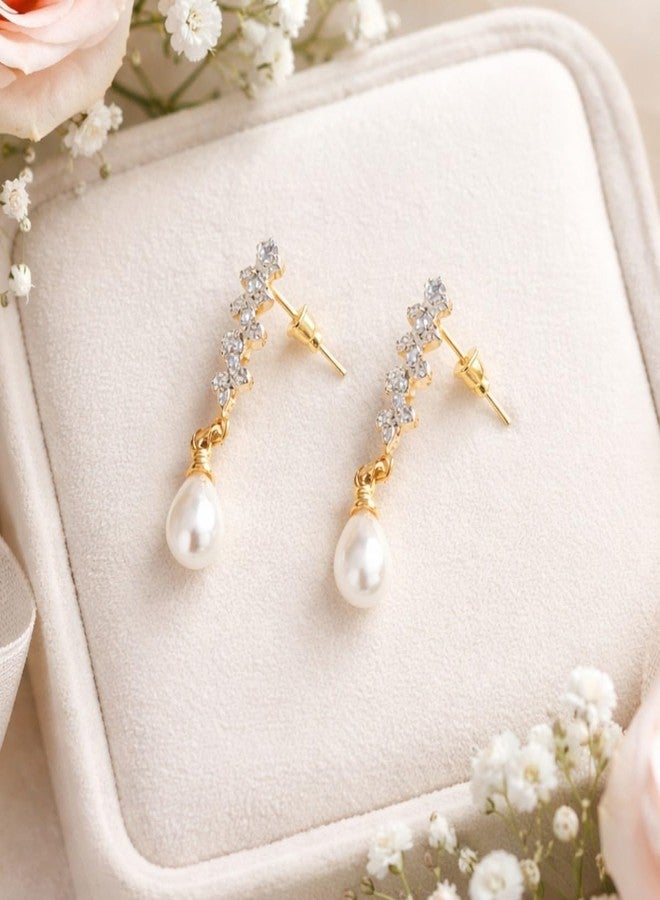 ACCESSHER Women's & Girls Gold-Tone Faux Pearl Drop Dangle Earrings Floral Crystal Design Stylish Fancy Earrings for Weddings, Birthday & Anniversaries - Image 3