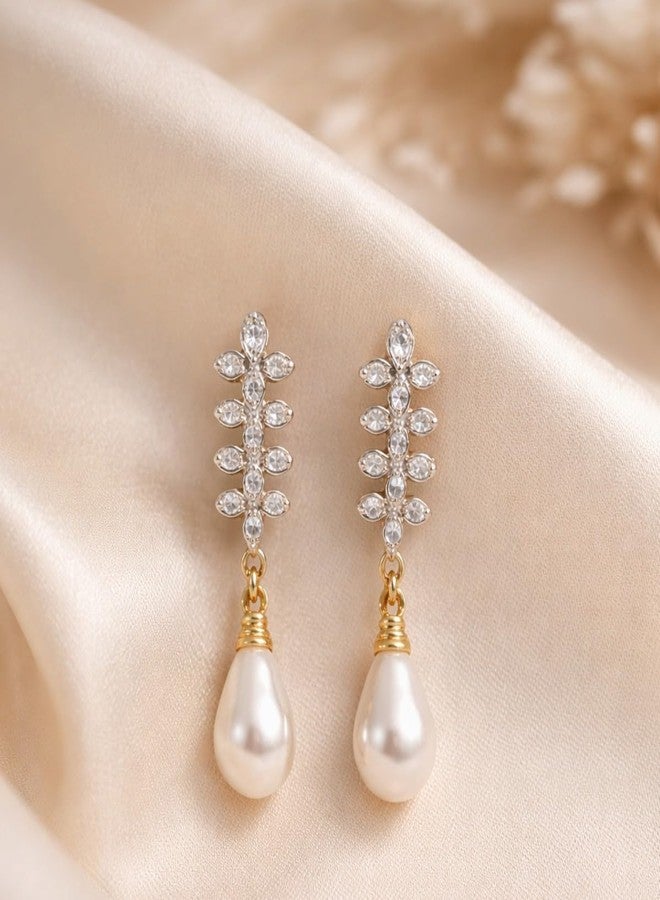 ACCESSHER Women's & Girls Gold-Tone Faux Pearl Drop Dangle Earrings Floral Crystal Design Stylish Fancy Earrings for Weddings, Birthday & Anniversaries - Image 4