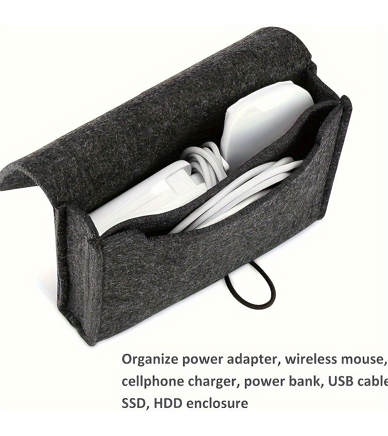 Power Adapter Cable Organizer Storage Bag Felt Portable Button Type Double Accessory Bag Kit Filled Dark Gray Electrical Organizer - Image 1