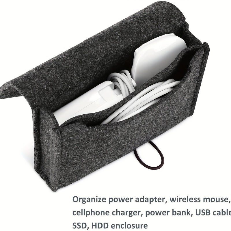 Power Adapter Cable Organizer Storage Bag Felt Portable Button Type Double Accessory Bag Kit Filled Dark Gray Electrical Organizer - Image 4