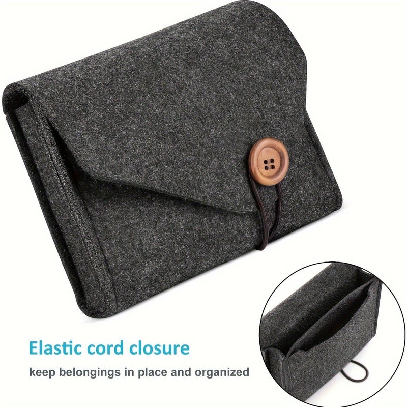 Power Adapter Cable Organizer Storage Bag Felt Portable Button Type Double Accessory Bag Kit Filled Dark Gray Electrical Organizer - Image 3