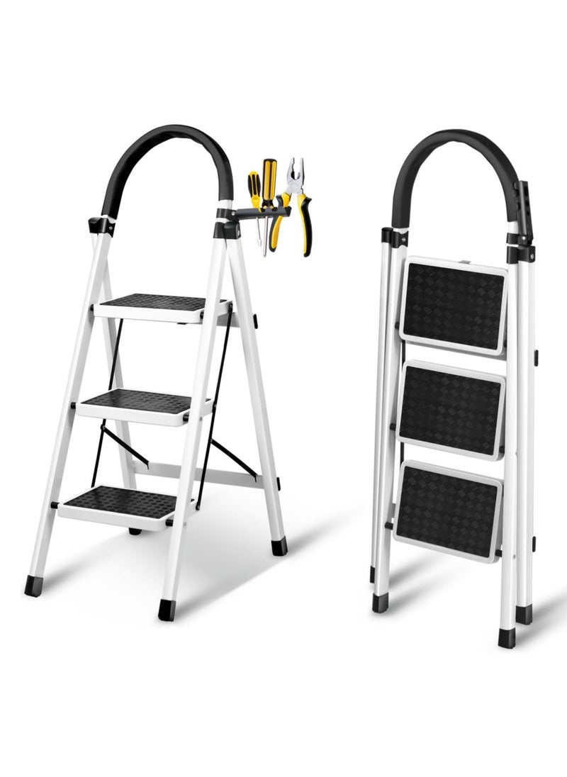 DubaiGallery - Double Elite Step Ladder 3 Step Folding with Handgrip, Sturdy 330Lbs Load Stylish Step Stools for Adults, Safer Folding Step Stool Ladder, Small 3 Step Ladder for Home with Anti-Slip Wide Pedals - Image 1
