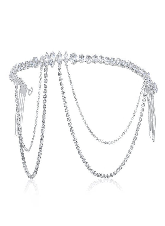 فديزاينر مشط شعر زفاف من تصميم Fdesigner، مزين بالكريستال، قطعة رأس للعروس، سلسلة شعر ذهبية للعروس، مجوهرات ساحرة، إكسسوارات شعر نسائية للحفلات والمناسبات (فضي) - Image 2