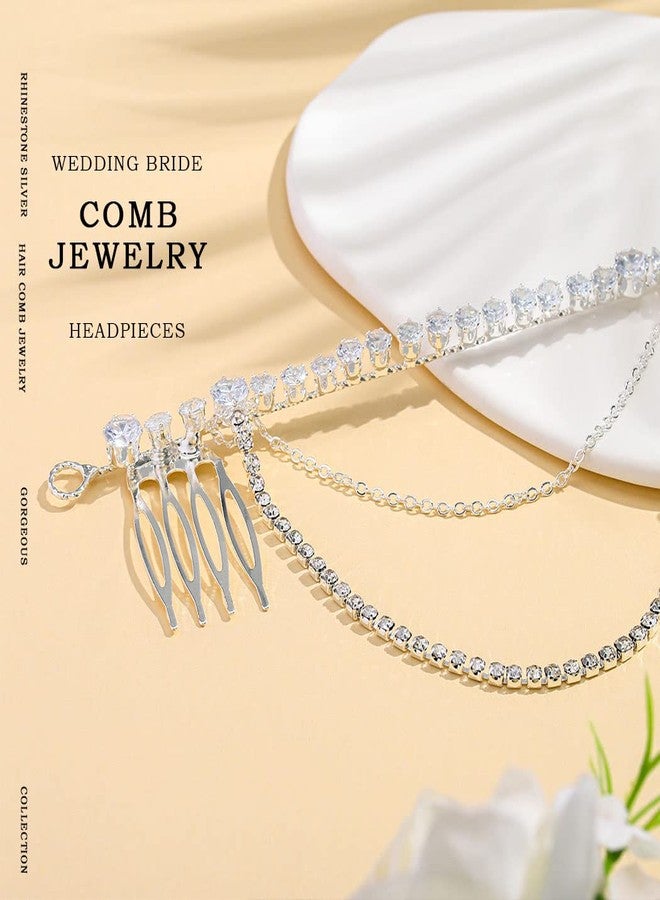 فديزاينر مشط شعر زفاف من تصميم Fdesigner، مزين بالكريستال، قطعة رأس للعروس، سلسلة شعر ذهبية للعروس، مجوهرات ساحرة، إكسسوارات شعر نسائية للحفلات والمناسبات (فضي) - Image 5