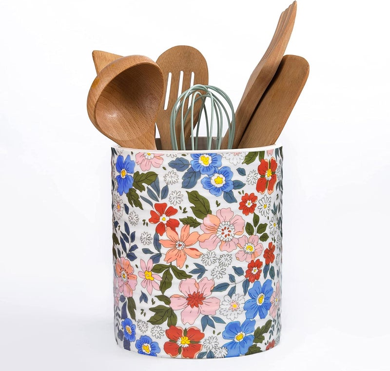 LEAZUL Kitchen Utensil Holder,7.2â€³Extra Large Stable Vintage Floral Pattern Ceramic Utensil Crock,Flower Utensil Organizer for Countertop,Kitchen Decor,Utensil Holder for Housewarming Gift Pink - Image 2