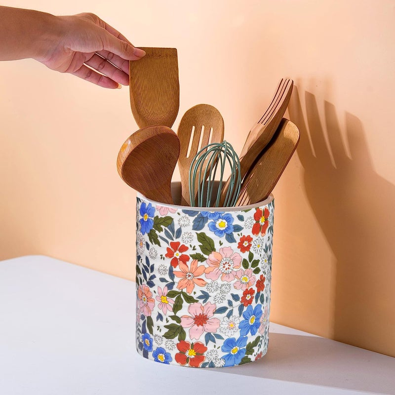 LEAZUL Kitchen Utensil Holder,7.2â€³Extra Large Stable Vintage Floral Pattern Ceramic Utensil Crock,Flower Utensil Organizer for Countertop,Kitchen Decor,Utensil Holder for Housewarming Gift Pink - Image 4