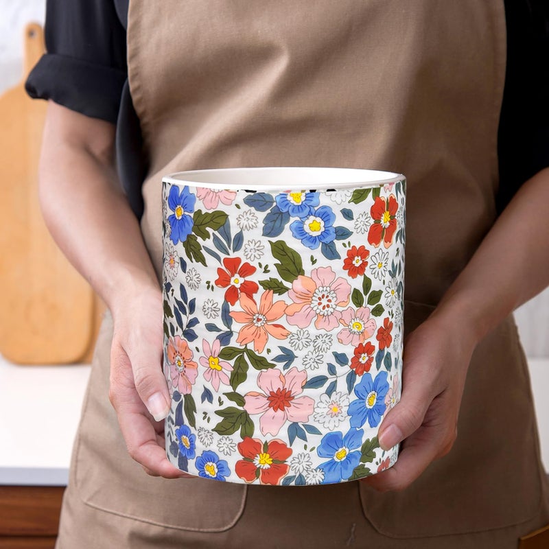 LEAZUL Kitchen Utensil Holder,7.2â€³Extra Large Stable Vintage Floral Pattern Ceramic Utensil Crock,Flower Utensil Organizer for Countertop,Kitchen Decor,Utensil Holder for Housewarming Gift Pink - Image 5