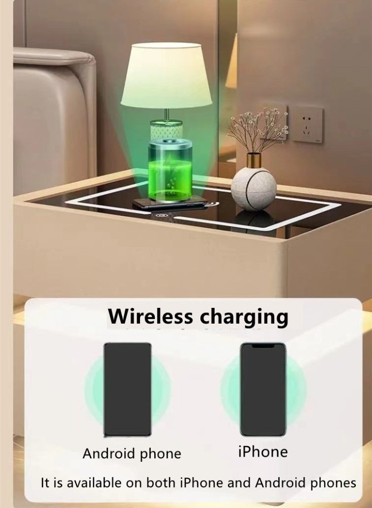 كوتيس طاولة سرير ذكية من قطعة واحدة، طاولة أريكة، طاولة جانبية لغرفة النوم، متعددة الوظائف، شحن لاسلكي، إضاءة قابلة للتعتيم ومكبر صوت بلوتوث، خشب/جلد، أبيض، 50×40×48 سم - Image 2