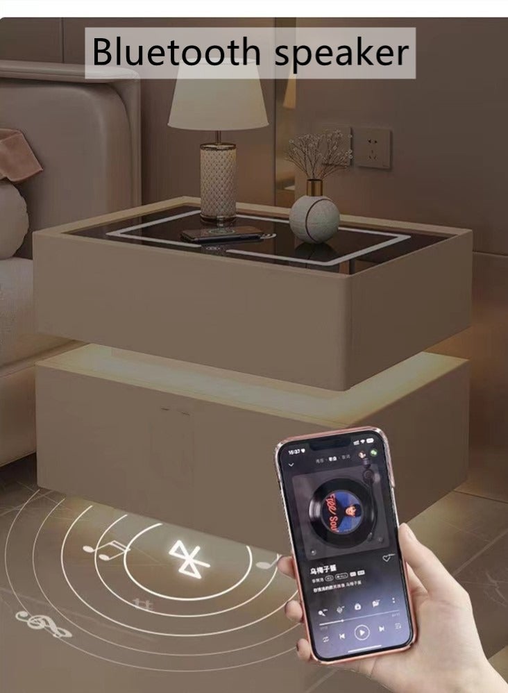 كوتيس طاولة سرير ذكية من قطعة واحدة، طاولة أريكة، طاولة جانبية لغرفة النوم، متعددة الوظائف، شحن لاسلكي، إضاءة قابلة للتعتيم ومكبر صوت بلوتوث، خشب/جلد، أبيض، 50×40×48 سم - Image 3