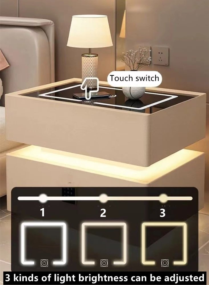 كوتيس طاولة سرير ذكية من قطعة واحدة، طاولة أريكة، طاولة جانبية لغرفة النوم، متعددة الوظائف، شحن لاسلكي، إضاءة قابلة للتعتيم ومكبر صوت بلوتوث، خشب/جلد، أبيض، 50×40×48 سم - Image 4