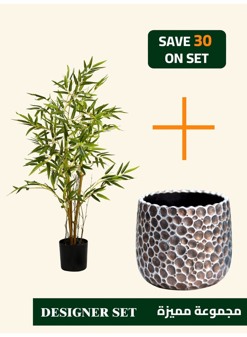 High-Quality Artificial Bamboo Tree (90cm) with Bubble-Textured Cement Planter (24×21cm) – Refined Tabletop Set for Everyday Spaces - Image 1
