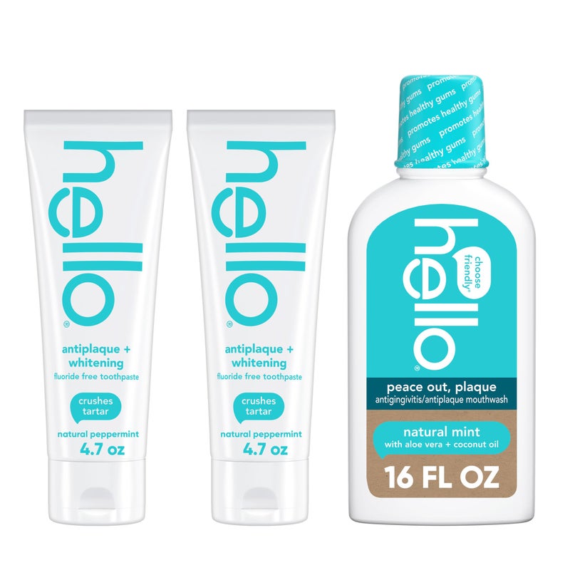 hello Antiplaque Fluoride Free Whitening Toothpaste and Peace Out Plaque Alcohol Free Mouthwash Pack Includes Two 47 Oz Whitening Toothpastes and One 16 Fl Oz Fluoride Free Mouthwash