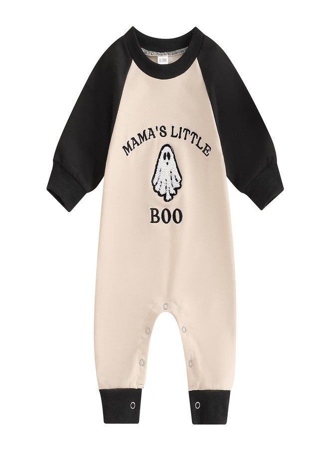 Lamuusaa Newborn Baby Boy Halloween Outfit Mamas Little Boo Embroidery Romper Long Sleeve Ghost Bodysuit Jumpsuit 0-18M (Black, 0-3 Months) - Image 1