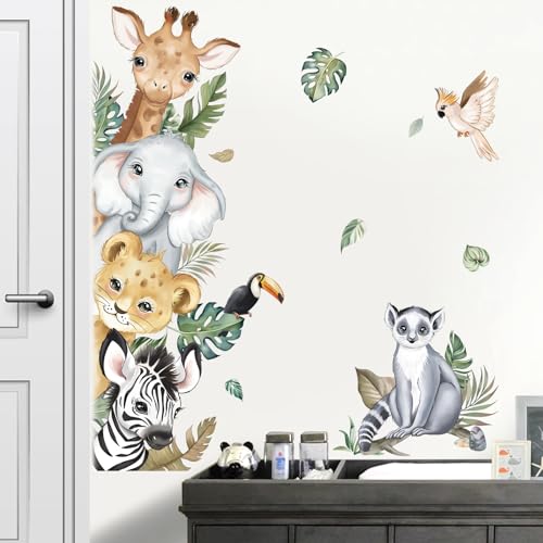 decalmile Jungle Animals Door Wall Decals Safari Elephant Giraffe Wall Stickers Kids Room Baby Nursery Bedroom Door Wall Decor - Image 1