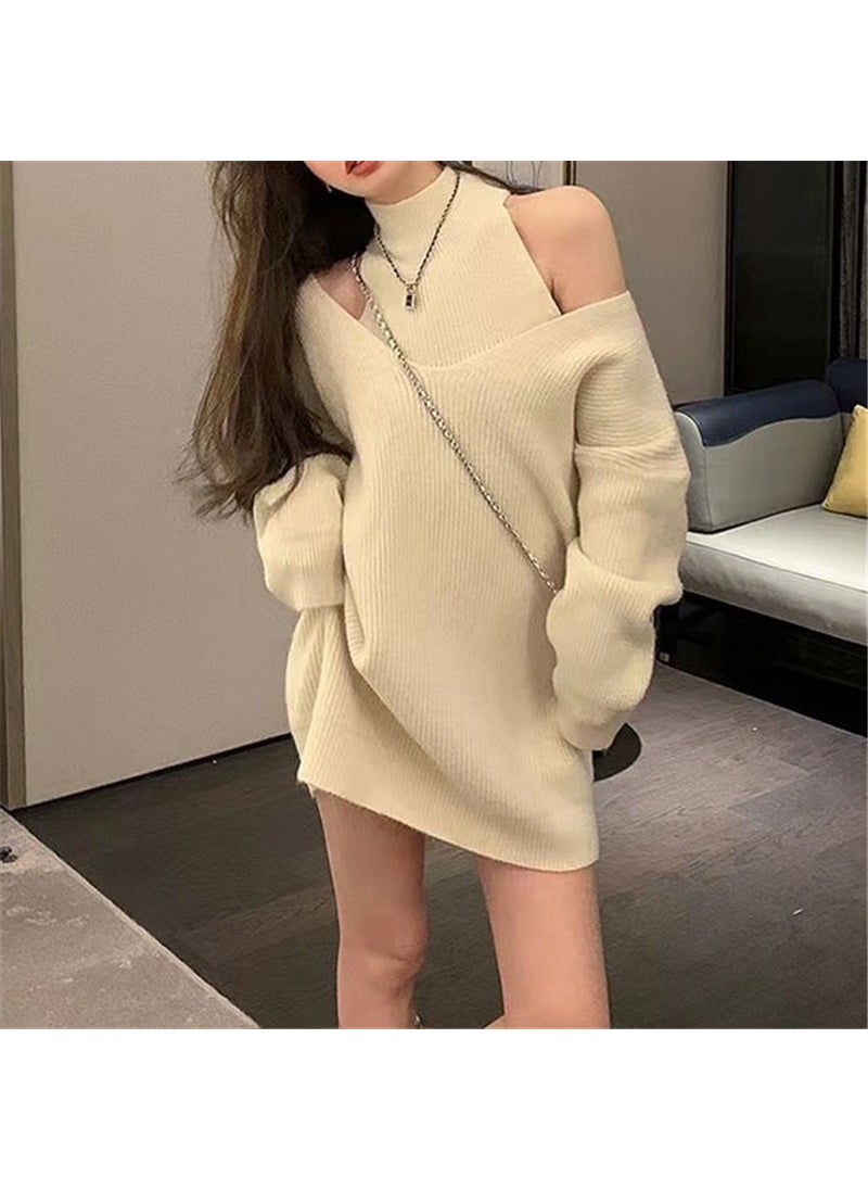 Generic - Loose Korean Style Shoulder Bared Mid-Length Knitted Sweater Set Autumn Winter Outerwear Design Casual Comfortable Polyester Blend Blue - Image 1