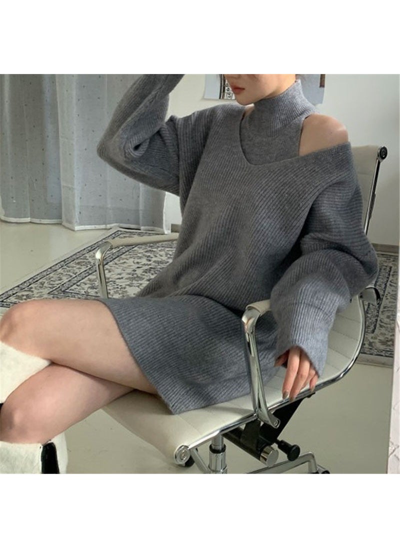 Generic - Loose Korean Style Shoulder Bared Mid-Length Knitted Sweater Set Autumn Winter Outerwear Design Casual Comfortable Polyester Blend Blue - Image 1