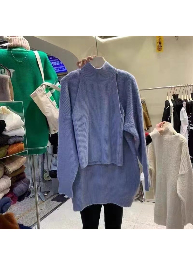 Generic - Loose Korean Style Shoulder Bared Mid-Length Knitted Sweater Set Autumn Winter Outerwear Design Casual Comfortable Polyester Blend Blue - Image 1