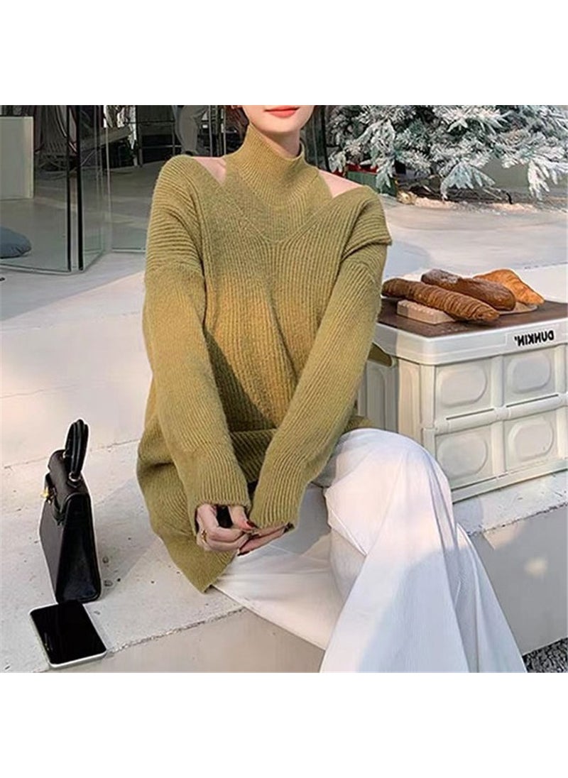 Generic - Loose Korean Style Shoulder Bared Mid-Length Knitted Sweater Set Autumn Winter Outerwear Design Casual Comfortable Polyester Blend Blue - Image 1