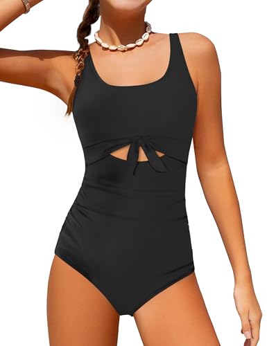 Qaoerde Girls Swimsuit Teen Swimsuits for Girls 12-14 Cutout Ruched One Piece Swimsuits Adjustable Straps Tie Bathing Suit Solid Color Swimwear Black 13-14Y - Image 1