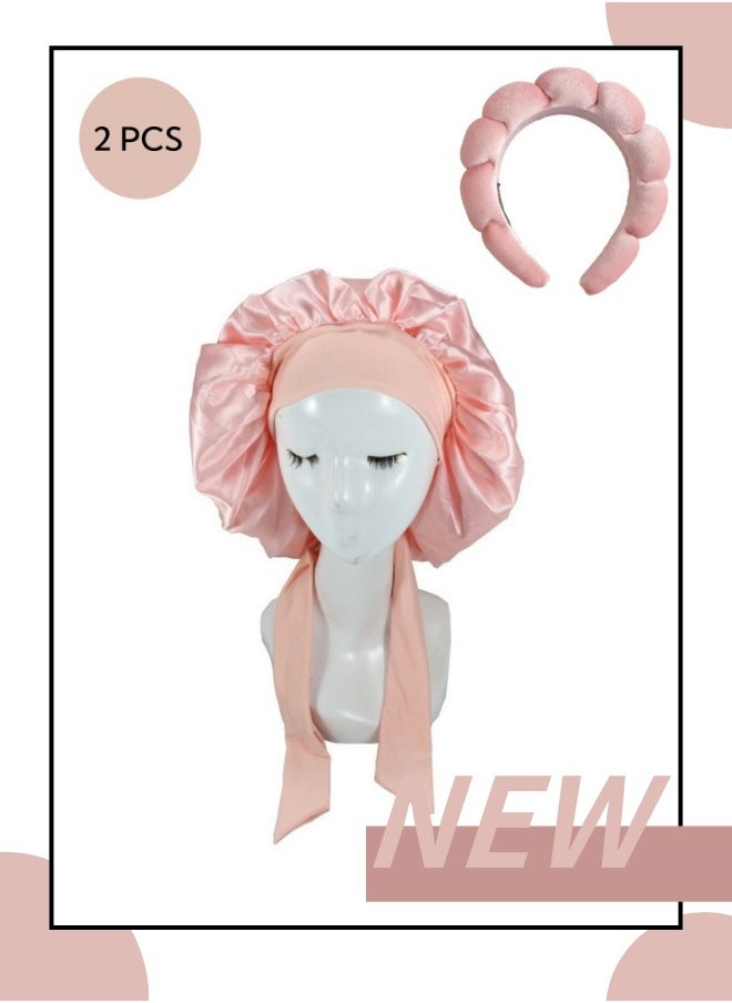 ILovhaprty Satin Bonnet for Women Tie Band Hair Bonnet for Sleeping, Layered Silk Sleeping Cap Nightcap for Sleeping, With Headband, etc 2PCS Sleep Accessory (Pink)  - Image 1