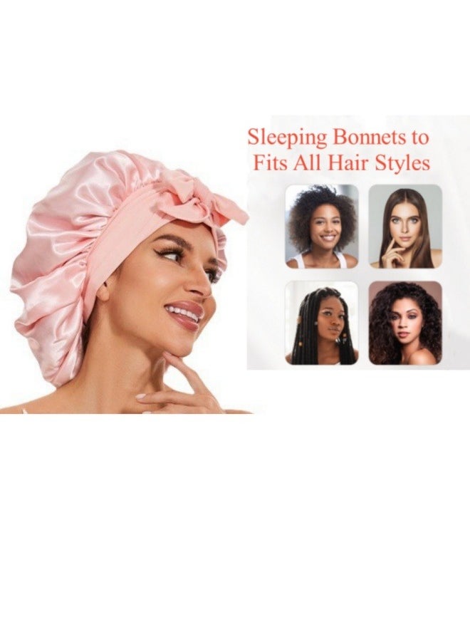 ILovhaprty Satin Bonnet for Women Tie Band Hair Bonnet for Sleeping, Layered Silk Sleeping Cap Nightcap for Sleeping, With Headband, etc 2PCS Sleep Accessory (Pink)  - Image 4
