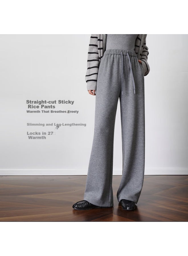 Olrain Women's Autumn Casual Knit Loose Straight-leg Pants Relaxed Fit Trousers Light Apricot L - Image 2