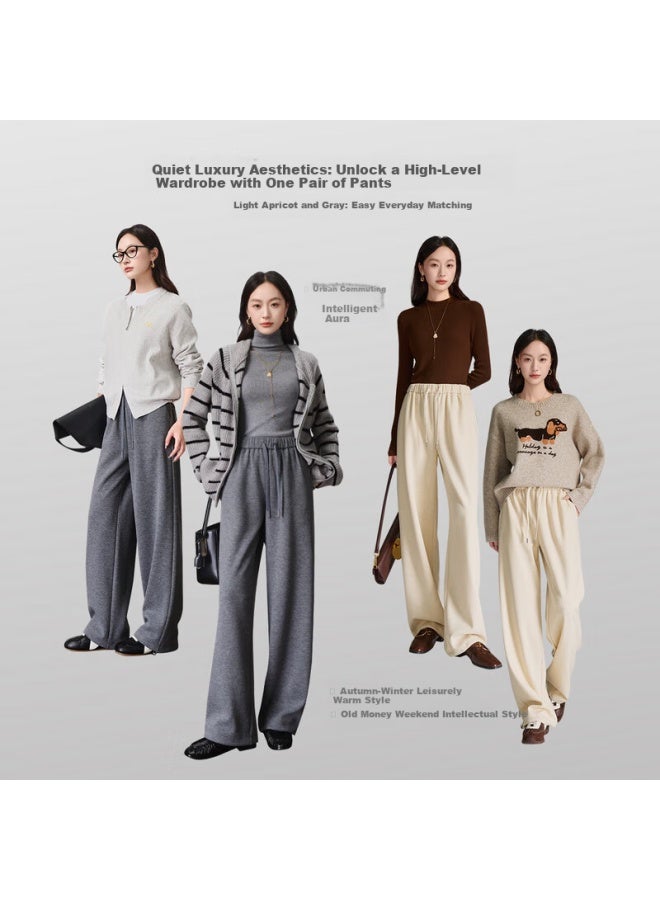 Olrain Women's Autumn Casual Knit Loose Straight-leg Pants Relaxed Fit Trousers Light Apricot L - Image 3
