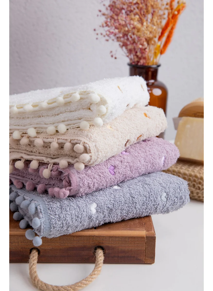 فافورا Cloverleaf Pompom 4-Pack Hand and Face Towel - Cream - Grey