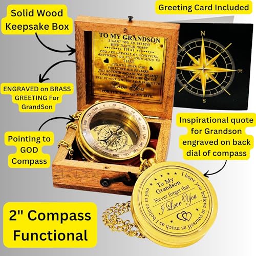 ALADEAN Brass Grandsons Divine Path Finder Compass Engraved Quote Wood Box Uplifting Gift - Image 3