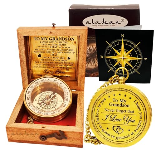ALADEAN Brass Grandsons Divine Path Finder Compass Engraved Quote Wood Box Uplifting Gift - Image 1