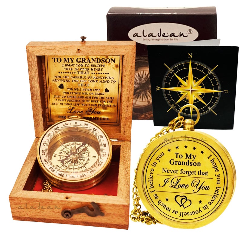 ALADEAN Brass Grandsons Divine Path Finder Compass Engraved Quote Wood Box Uplifting Gift - Image 2